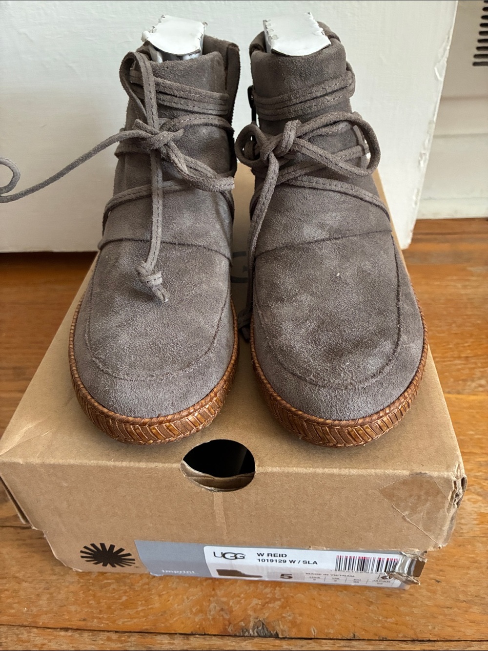 NIB BIG Kids size 5 UGG Brown Gray Suede Lace-Up Ankle Boots
